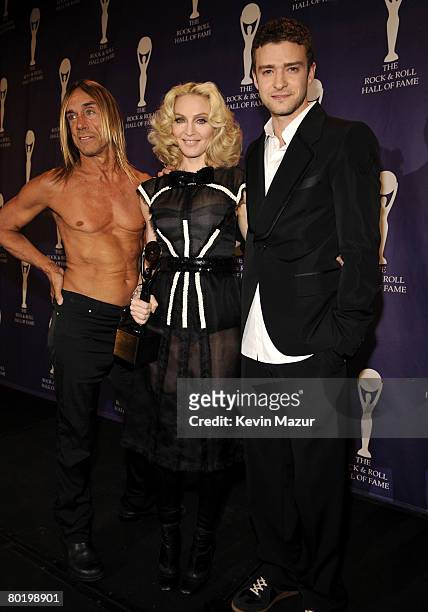 Musician Iggy Pop, Musician Madonna and Musician Justin Timberlake pose in the press room at the 23rd Annual Rock and Roll Hall of Fame Induction...