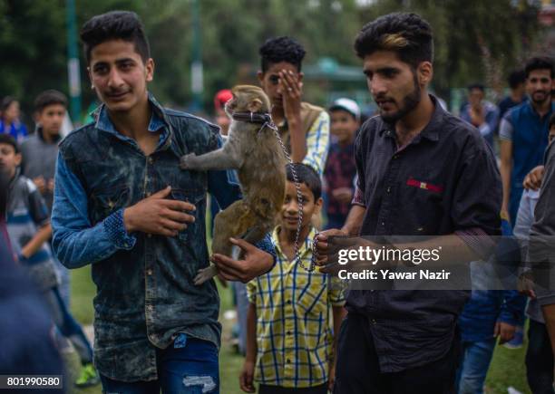 Kashmiri boy holds a monkey as he amuses children on the second day of the Eid-Al-Fitr, a Muslim festival, on June 27, 2017 in Srinagar, the summer...