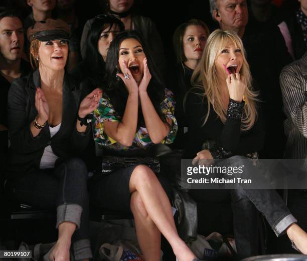 Personalities Robin Antin, Kim Kardashian and Lisa Gastineau backstage and frontrow at Heatherette Spring 2008 collection during Los Angeles Mercedes...