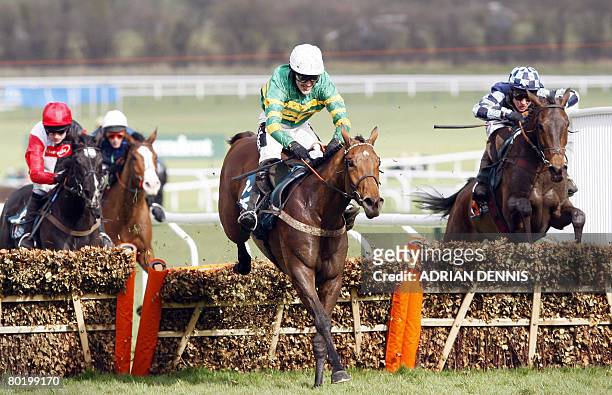 Jockey Tony McCoy riding the horse 'Binocular' jumps the final hurdle ahead of the horse 'Snap Tie' during the Anglo Irish Bank Supreme Novices'...