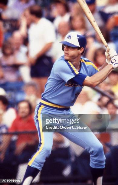 Bruce Bochte of the Seattle Mariners bats against the Baltimore Orioles at Memorial Stadium circa 1982 in Baltimore, Maryland.