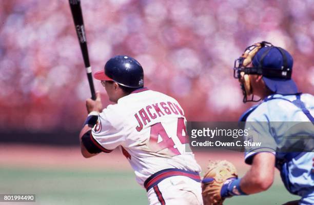 Reggie Jackson of the California Angels bats against the Kansas City Royals at the Big A circa 1986 in Anaheim, California.