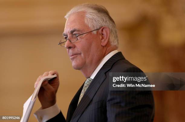 Secretary of State Rex Tillerson delivers remarks at a 2017 Trafficking in Persons Report ceremony at the U.S. State Department June 27, 2017 in...