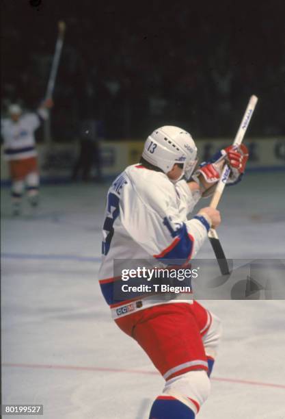 Finnish ice hockey player Teemu Selanne of the Winnipeg Jets celebrates his 54th goal in his rookie season, 1992 - 1993 season.