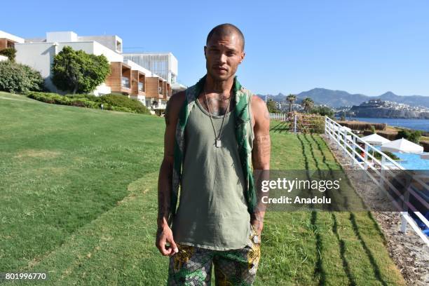 Model and Dj Jeremy Meeks gestures as he speaks to press during his holiday and business trip at the Bodrum district of Mugla, Turkey on June 27,...