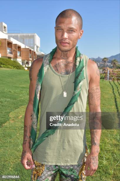 Model and Dj Jeremy Meeks gestures as he speaks to press during his holiday and business trip at the Bodrum district of Mugla, Turkey on June 27,...