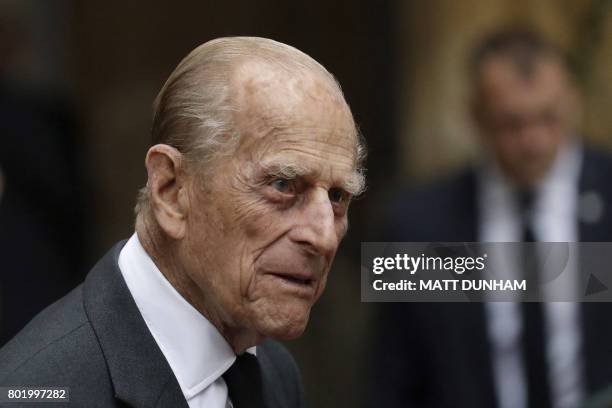Britain's Prince Philip, Duke of Edinburgh leaves after attending the funeral service of the 2nd Countess Mountbatten of Burma, Patricia Knatchbull...