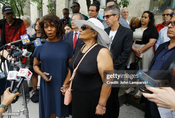 Alfre Woodward, Maria Velazquez the mother of Jon Adrian Velazquez and music executive Jason Flom speak during a press conference for retrial motion...