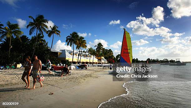 Catamaran with a colourful sail sits on the beach just outside St John's on March 10, 2008 in Dickenson Bay, Antigua.