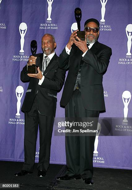 Songwriters Leon Huff and Kenneth Gamble, inductees, pose in the press room at the 2008 Rock and Roll Hall of Fame Induction Ceremony at The...