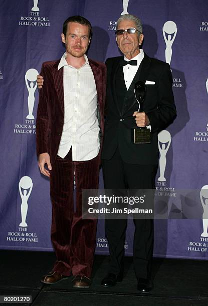 Musican Damien Rice and Honoree and singer Leonard Cohen pose in the press room during the 23rd Annual Rock and Roll Hall of Fame Induction Ceremony...