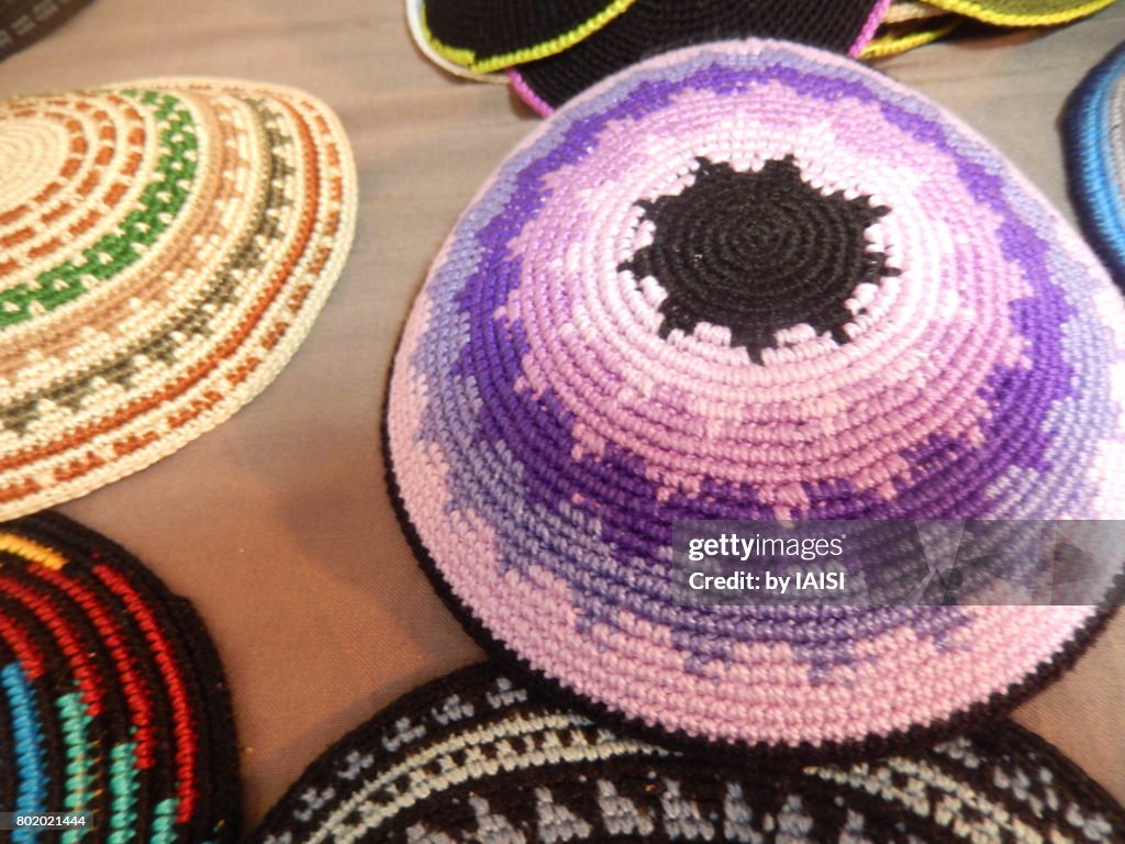 Bold Colours, close-up of purple kipa / yarmulke, Jerusalem