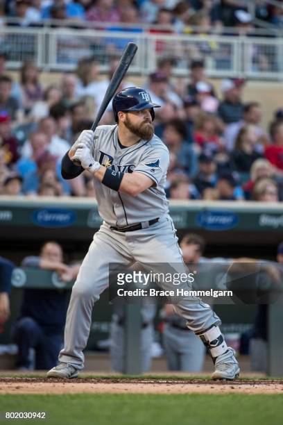 Derek Norris of the Tampa Bay Rays bats against the Minnesota Twins on May 26, 2017 at Target Field in Minneapolis, Minnesota. The Rays defeated the...