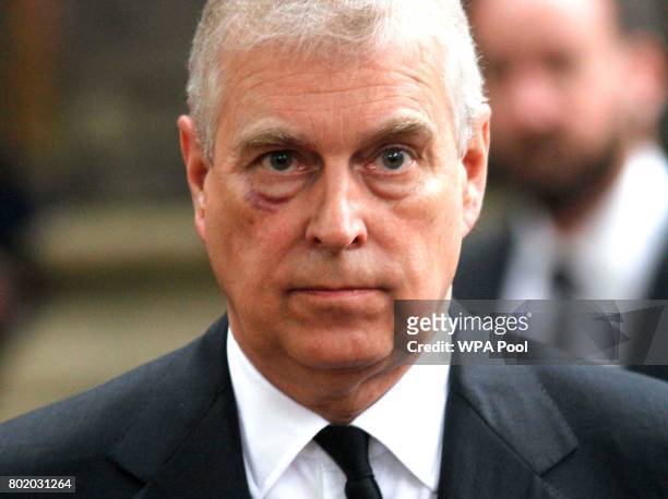 Prince Andrew, Duke of York leaves the funeral service of Patricia Knatchbull, Countess Mountbatten of Burma at St Paul's Church in Knightsbridge on...