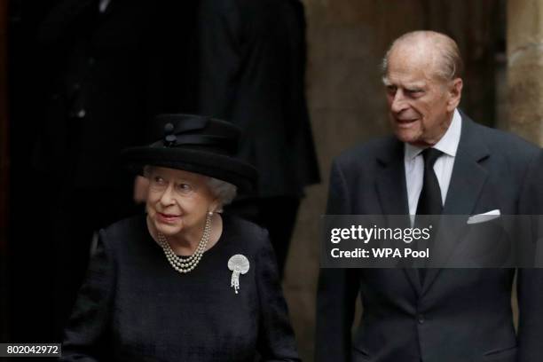 Queen Elizabeth II and Prince Philip, Duke of Edinburgh after the funeral service of Patricia Knatchbull, Countess Mountbatten of Burma at St Paul's...