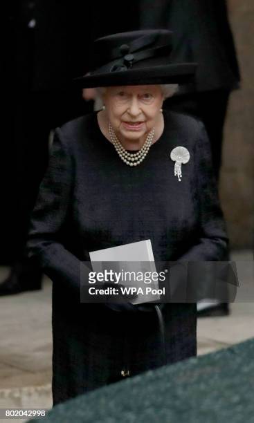 Queen Elizabeth II after the funeral service of Patricia Knatchbull, Countess Mountbatten of Burma at St Paul's Church in Knightsbridge on June 27,...