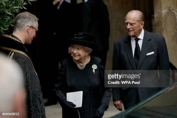 Queen Elizabeth II and Prince Philip, Duke of Edinburgh after the funeral service of Patricia Knatchbull, Countess Mountbatten of Burma at St Paul's...