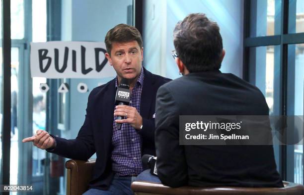 Novelist Brad Thor and moderator Matt Forte attend Build to discuss his new book "Use Of Force" at Build Studio on June 27, 2017 in New York City.