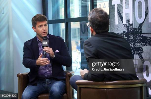 Novelist Brad Thor and moderator Matt Forte attend Build to discuss his new book "Use Of Force" at Build Studio on June 27, 2017 in New York City.