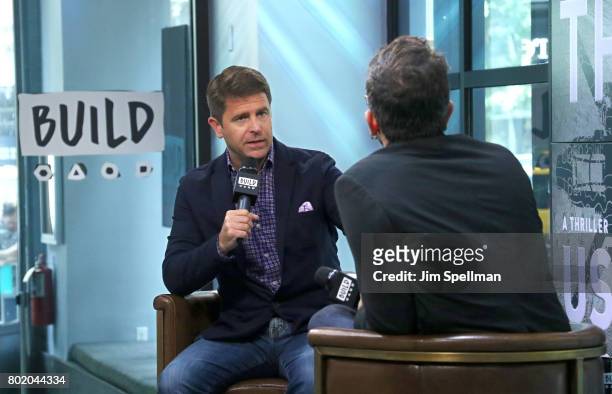 Novelist Brad Thor and moderator Matt Forte attend Build to discuss his new book "Use Of Force" at Build Studio on June 27, 2017 in New York City.