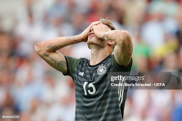 Felix Platte of Germany reacts to having his goal disallowed during the UEFA European Under-21 Championship Semi Final match between England and...