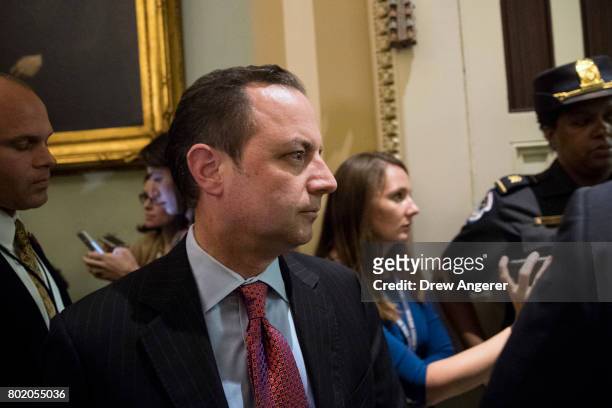 White House Chief of Staff Reince Priebus walks to a closed-door Senate GOP conference meeting on Capitol Hill, June 27, 2017 in Washington, DC. The...