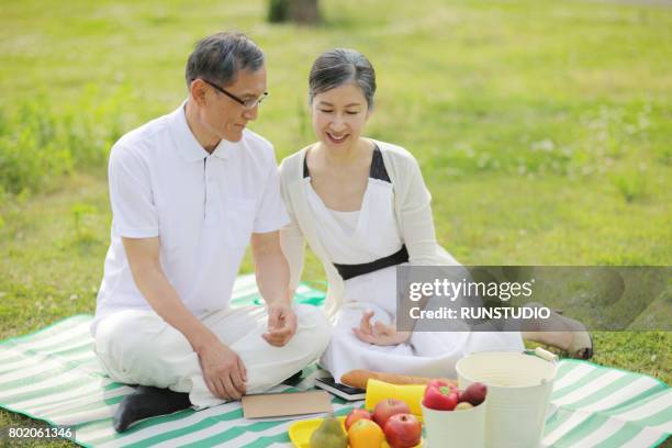 middle-aged man and a woman enjoying a picnic at a park - レジャーシート ストックフォトと画像