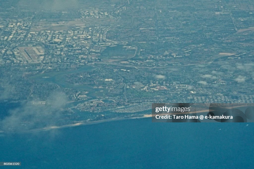 Irvine and Newport Beach area in California daytime aerial view from airplane
