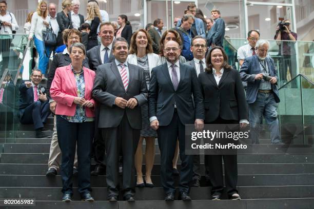 Chancellor Candidate and chairman of the Social Democratic Party Martin Schulz , Foreign Minister SIgmar Gabriel and other SPD members of the...