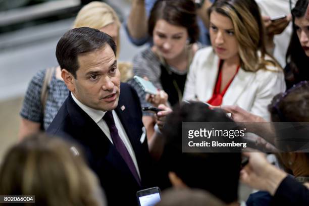 Senator Marco Rubio, a Republican from Florida, speaks to members of the media in the basement of the U.S. Capitol in Washington, D.C., U.S., on...