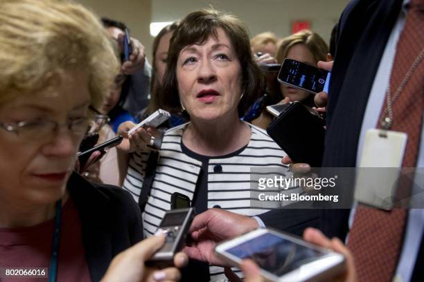 Senator Susan Collins, a Republican from Maine, speaks to members of the media in the basement of the U.S. Capitol in Washington, D.C., U.S., on...