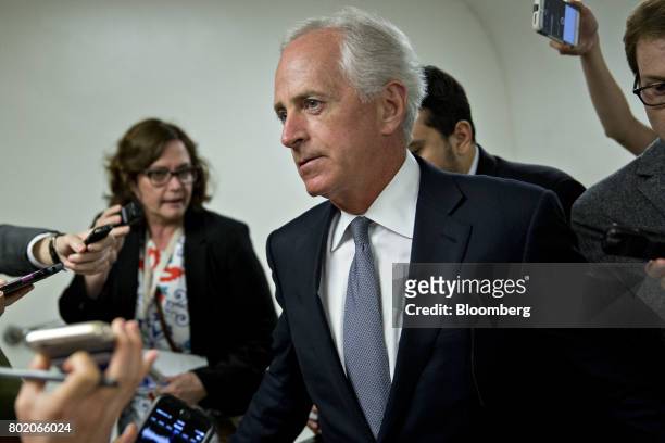Senator Bob Corker, a Republican from Tennessee, speaks to members of the media in the basement of the U.S. Capitol in Washington, D.C., U.S., on...