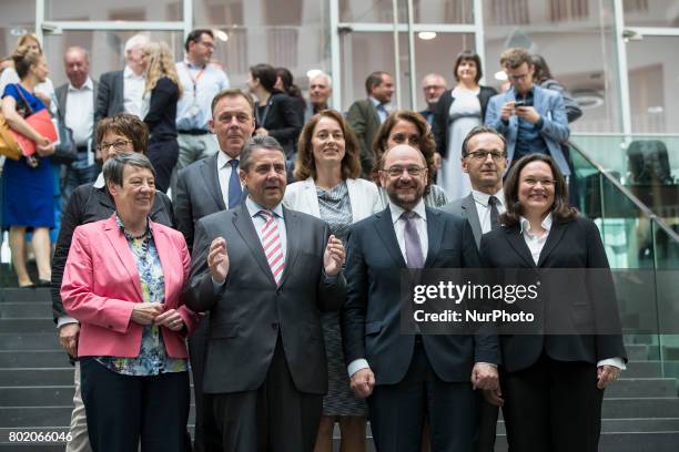 Chancellor Candidate and chairman of the Social Democratic Party Martin Schulz , Foreign Minister SIgmar Gabriel and other SPD members of the...