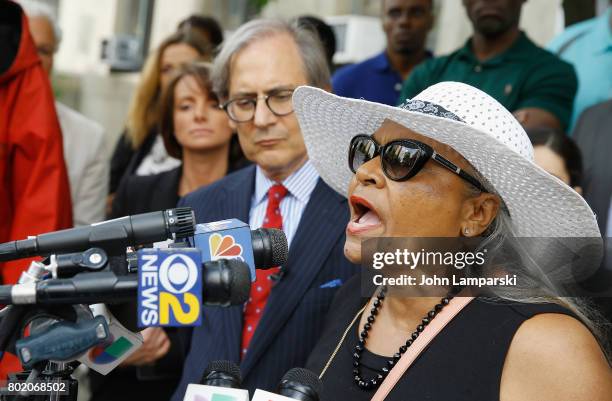 Attorney Robert C. Gottlieb and Maria Velazquez the mother of Jon Adrian Velazquez speak during a press conference for retrial motion filed for Jon...
