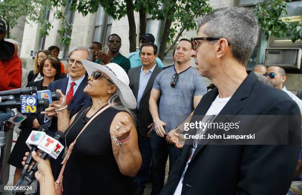 Attorney Robert C. Gottlieb and Maria Velazquez the mother of Jon Adrian Velazquez and Jason Flom speak during a press conference for retrial motion...