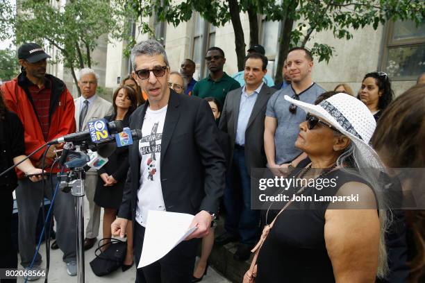 Music executive Jason Flom and Maria Velazquez the mother of Jon Adrian Velazquez speak during a press conference for retrial motion filed for Jon...