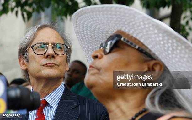 Attorney Robert C. Gottlieb and Maria Velazquez the mother of Jon Adrian Velazquez speak during a press conference for retrial motion filed for Jon...