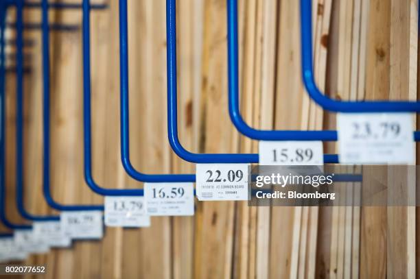 Wood boards stand on display for sale at the 84 Lumber Co. Retail store in Bridgeville, Pennsylvania, U.S., on Thursday, June 8, 2017. One of the...