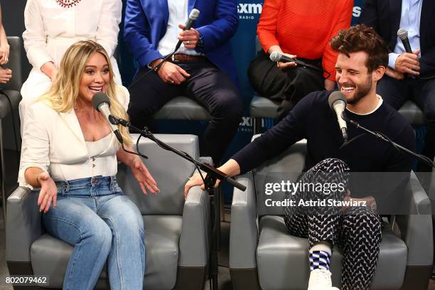 Actors Hilary Duff and Nico Tortorella from the cast of YOUNGER, speak during SiriusXM's Town Hall on June 27, 2017 in New York City.