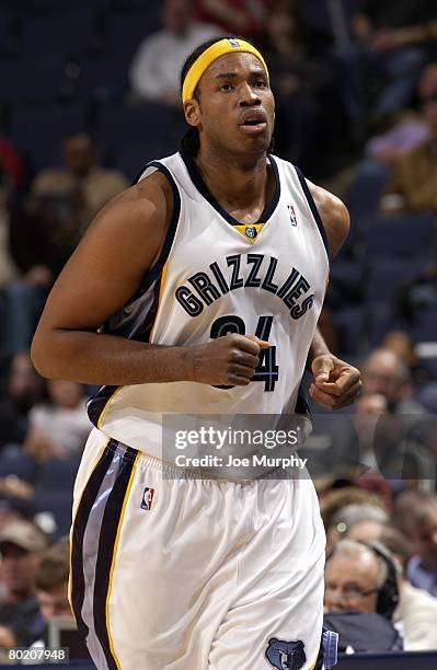 Jason Collins of the Memphis Grizzlies runs on the court during the NBA game against the Utah Jazz at the FedExForum on March 1, 2008 in Memphis,...