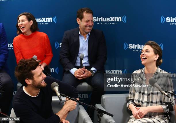 Actors Miriam Shor, Nico Tortorella, creator of the show YOUNGER, Darren Star and Sutton Foster actress speak during SiriusXM's Town Hall on June 27,...