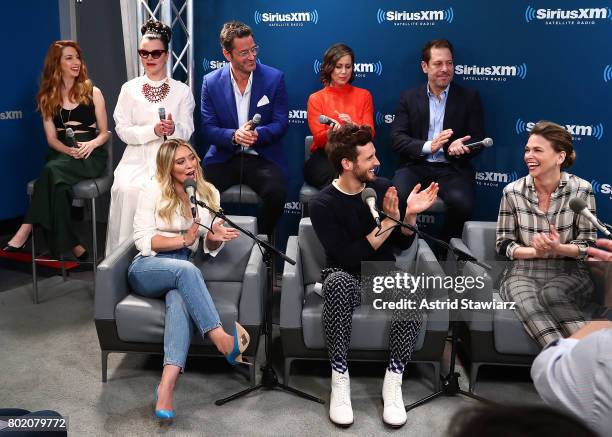 Actors Molly Bernard, Debi Mazar, Peter Hermann, Miriam Shor, Darren Star, Sutton Foster, Nico Tortorella and Hilary Duff from the cast of YOUNGER...