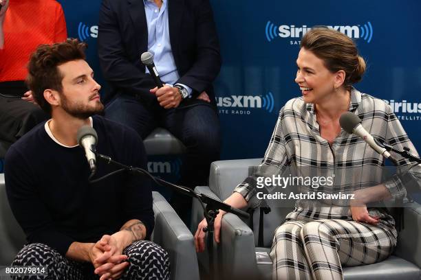 Actors Nico Tortorella and Sutton Foster from the cast of YOUNGER speak during SiriusXM's Town Hall on June 27, 2017 in New York City.