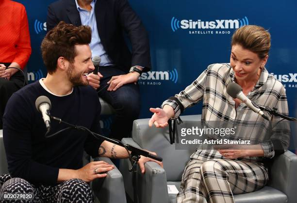 Actors Nico Tortorella and Sutton Foster from the cast of YOUNGER speak during SiriusXM's Town Hall on June 27, 2017 in New York City.