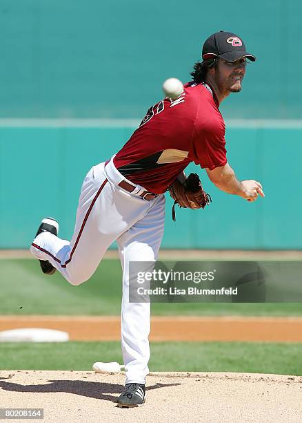 Dan Haren of the Arizona Diamondbacks pitches during a Spring Training game against the Kansas City Royals at Tucson Electric Park on March 11, 2008...