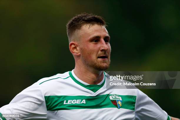 Scott Quigley of The New Saints celebrates scoring a goal during the Champions League Qualifier between The New Saints and Europa FC on June 27, 2017...