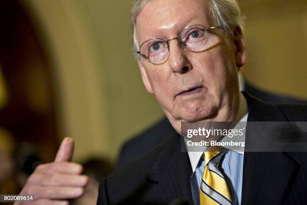 Senate Majority Leader Mitch McConnell, a Republican from Kentucky, speaks during a news conference after a GOP luncheon meeting at the U.S. Capitol...