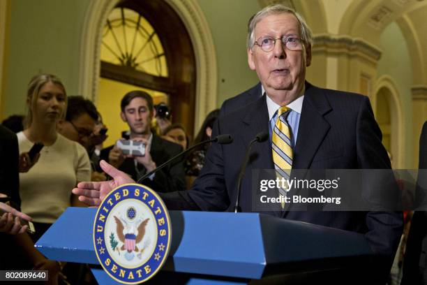 Senate Majority Leader Mitch McConnell, a Republican from Kentucky, speaks during a news conference after a GOP luncheon meeting at the U.S. Capitol...