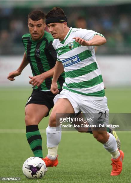 The New Saints' Adrian Cieslewicz gets away from Europa FC's Liam Walker during the UEFA Champions League first qualifying round, first leg match at...