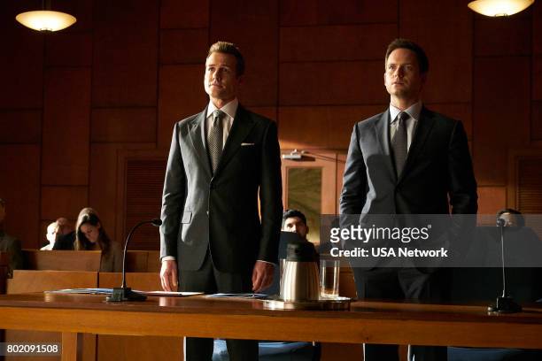 Divide and Conquer" Episode 704 -- Pictured: Gabriel Macht as Harvey Specter, Patrick J. Adams as Michael Ross --